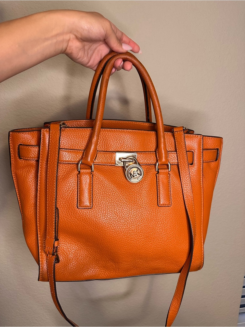 Michael Kors Orange Pebbled Leather Satchel with Gold Hardware